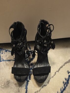 Lace-Up Tassel Black Suede Heels